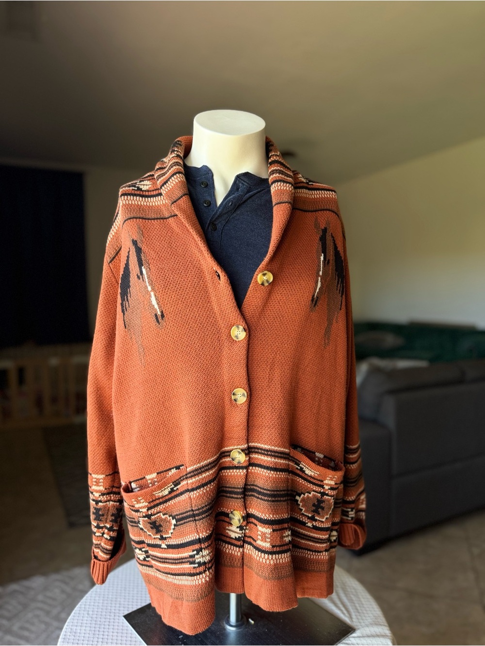 Rust Patterned Shawl-Collar Button Cardigan Sweater